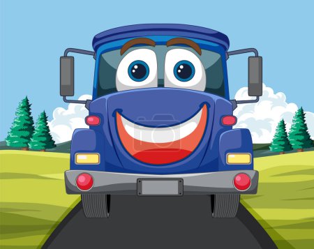 Illustration for Cheerful animated truck driving on a sunny day. - Royalty Free Image