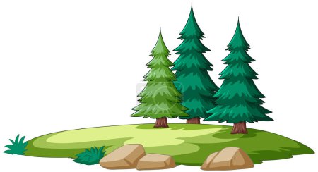 Illustration for Vector illustration of pine trees with rocks and grass. - Royalty Free Image
