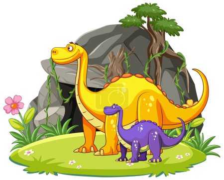 Illustration for Colorful dinosaurs smiling in a lush green setting - Royalty Free Image