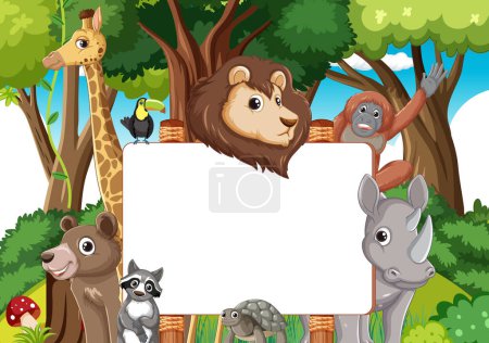 Illustration for Colorful animals with empty banner in forest setting - Royalty Free Image