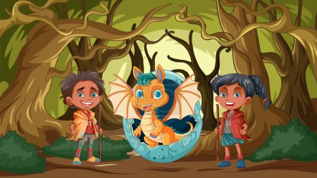 Téléchargez les illustrations : Deux enfants rencontrent une créature mythique dans les bois - en licence libre de droit