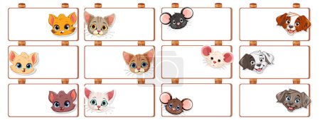 Téléchargez les illustrations : Assortiment de chats et chiens de dessin animé sur des cadres en bois - en licence libre de droit