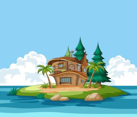 Téléchargez les illustrations : Illustration vectorielle d'une maison sur une île tropicale - en licence libre de droit