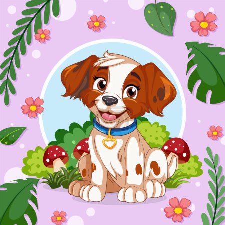 Illustration for Adorable cartoon puppy surrounded by colorful flowers - Royalty Free Image