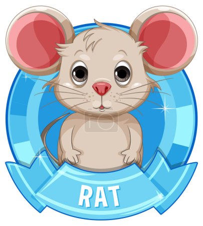 Téléchargez les illustrations : Adorable rat illustré à l'intérieur d'un badge circulaire bleu - en licence libre de droit