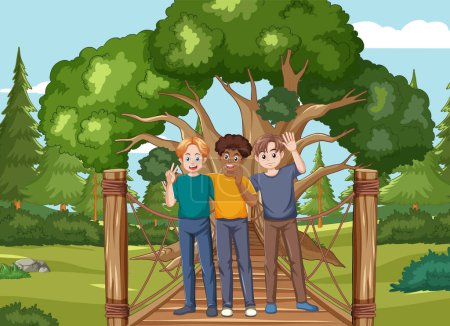 Ilustración de Tres amigos posando felices en un puente de madera. - Imagen libre de derechos