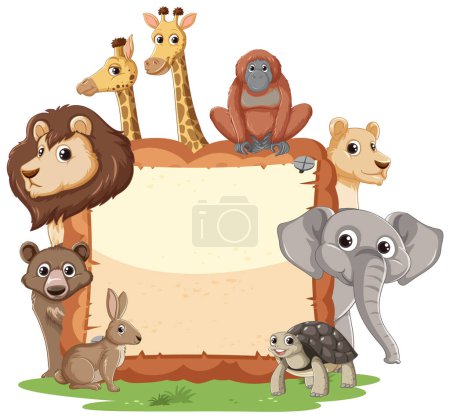 Illustration for Cartoon animals grouped around an empty banner. - Royalty Free Image