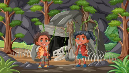Ilustración de Dos niños de pie frente a una cueva con un cráneo. - Imagen libre de derechos