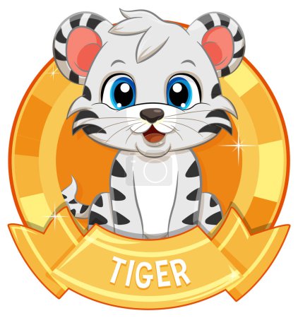 Téléchargez les illustrations : Adorable ourson tigre dessin animé à l'intérieur d'un badge doré - en licence libre de droit