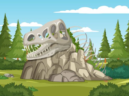 Illustration for Cartoon of a dinosaur skeleton in a forest setting - Royalty Free Image