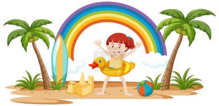 Téléchargez les illustrations : Enfant heureux jouant avec le sable sur une plage ensoleillée - en licence libre de droit