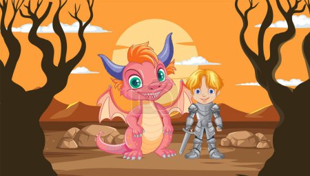 Téléchargez les illustrations : Un dragon souriant et un chevalier debout ensemble - en licence libre de droit