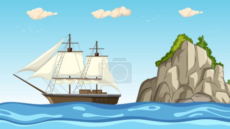 Ilustración de Barco a la antigua vela cerca de un gran acantilado - Imagen libre de derechos