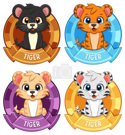 Téléchargez les illustrations : Quatre personnages de tigres stylisés dans des badges vibrants - en licence libre de droit