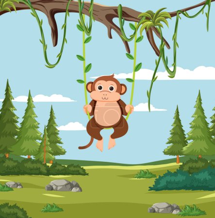 Ilustración de Un mono alegre balanceándose de las vides de la selva. - Imagen libre de derechos