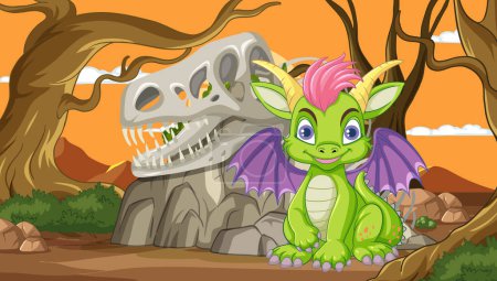 Ilustración de Lindo dragón con un esqueleto de dinosaurio telón de fondo - Imagen libre de derechos