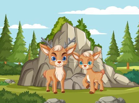Two cartoon deer fawns standing in a sunny forest