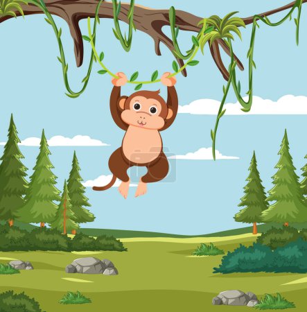 Illustration for Cute monkey hanging from a vine in a green forest - Royalty Free Image
