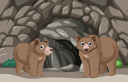 Téléchargez les illustrations : Deux ours de dessin animé près d'une entrée de grotte rocheuse - en licence libre de droit