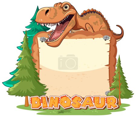 Téléchargez les illustrations : Dinosaure de bande dessinée tenant un panneau vierge dans la forêt - en licence libre de droit