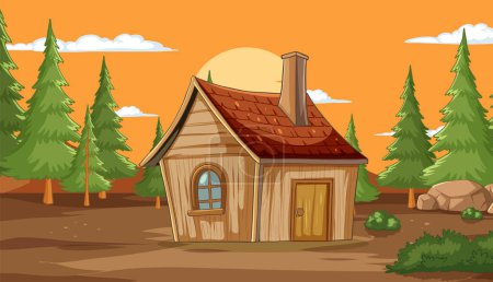 Téléchargez les illustrations : Illustration vectorielle d'une petite maison parmi les arbres - en licence libre de droit