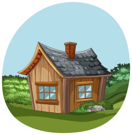 Ilustración de Encantadora casa de madera rodeada de vegetación - Imagen libre de derechos