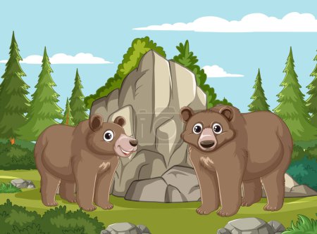 Téléchargez les illustrations : Deux ours de bande dessinée souriant près d'un grand rocher - en licence libre de droit