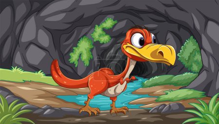 Téléchargez les illustrations : Dinosaure de bande dessinée debout près d'une entrée de grotte - en licence libre de droit