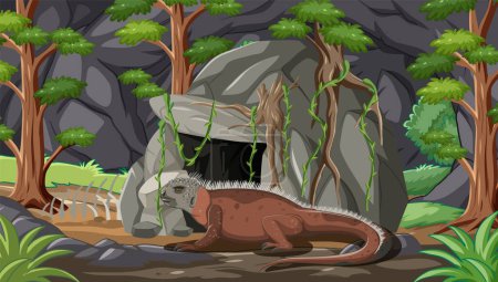 Illustration for Fantasy dragon resting by a stone cave entrance - Royalty Free Image