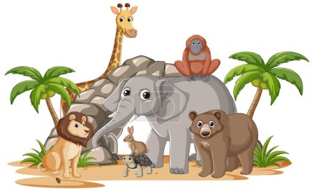 Téléchargez les illustrations : Groupe d'animaux divers debout ensemble pacifiquement - en licence libre de droit