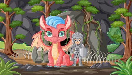 Téléchargez les illustrations : Un chevalier et un dragon assis dans une forêt - en licence libre de droit
