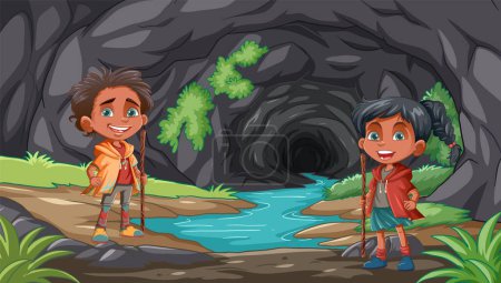 Dos niños listos para una aventura cerca de una cueva