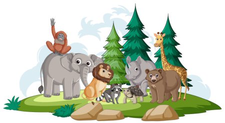 Téléchargez les illustrations : Groupe d'animaux divers debout ensemble à l'extérieur - en licence libre de droit