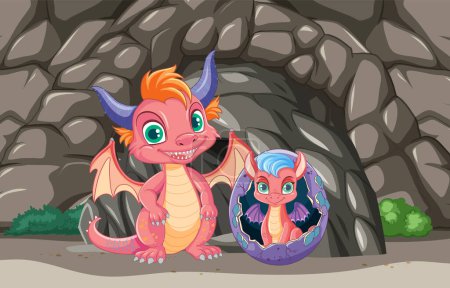 Illustration for Two colorful dragons, one hatching from an egg. - Royalty Free Image