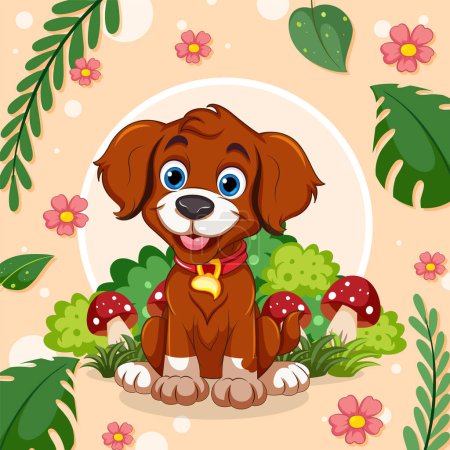 Illustration for Cheerful cartoon dog sitting among flowers and leaves - Royalty Free Image
