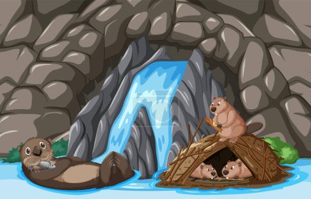 Ilustración de Ilustración de nutrias cerca de una cascada y rocas. - Imagen libre de derechos