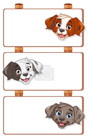 Ilustración de Tres perros de dibujos animados con letreros vacíos para texto - Imagen libre de derechos
