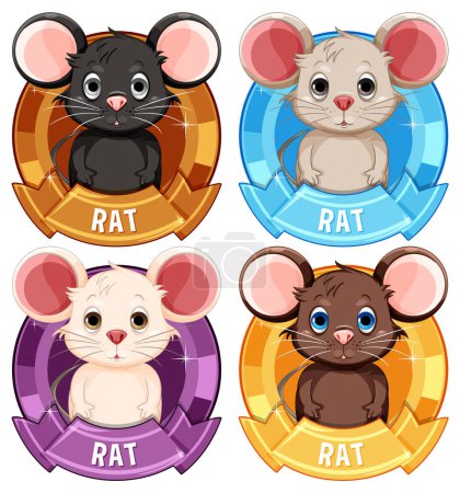 Téléchargez les illustrations : Quatre rats de dessin animé mignons avec des fonds de badge vibrants - en licence libre de droit