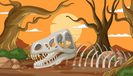 Téléchargez les illustrations : Illustration vectorielle du squelette des dinosaures dans le désert - en licence libre de droit