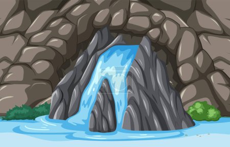 Vector illustration of a small waterfall and rocks