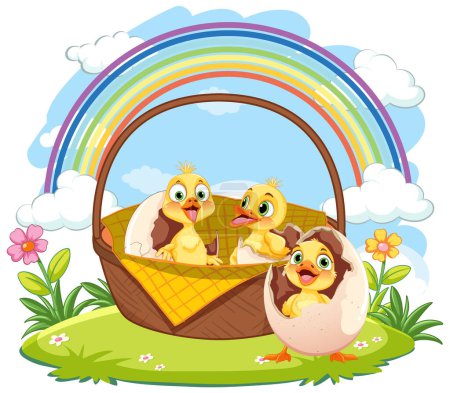 Ilustración de Lindos polluelos en una cesta bajo un colorido arco iris - Imagen libre de derechos