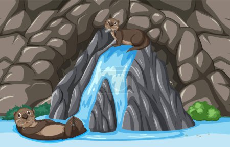 Zwei Fischotter genießen einen verspielten Tag in der Nähe eines Wasserfalls