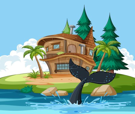 Téléchargez les illustrations : Cartoon île avec une maison et queue de baleine éclaboussure - en licence libre de droit