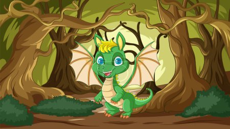 A happy cartoon dragon in a mystical woodland