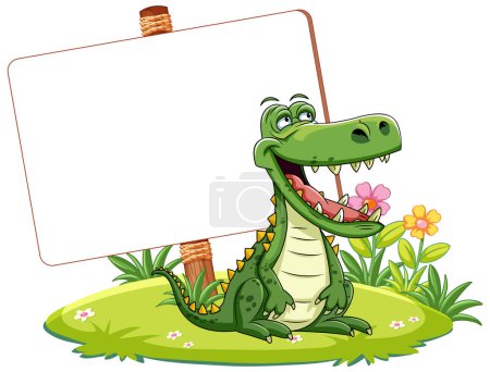 Téléchargez les illustrations : Heureux crocodile présentant un signe vide dans la nature - en licence libre de droit