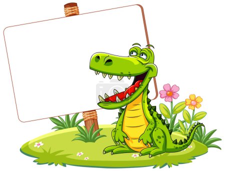 Ilustración de Feliz cocodrilo de dibujos animados sosteniendo un tablero vacío - Imagen libre de derechos