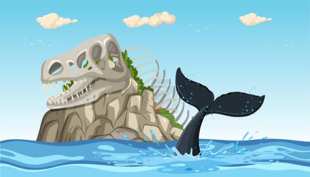 Ilustración de cola de ballena y fósil de dinosaurio.