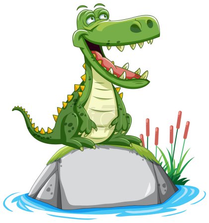 Happy cartoon crocodile sitting on a stone