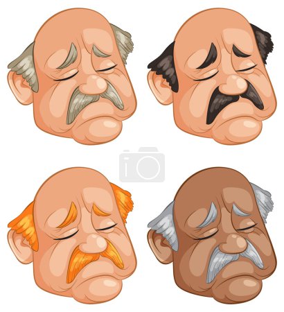 Four illustrations of elderly men with sorrowful expressions
