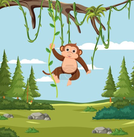 Illustration for A cheerful monkey swings from vines in a lush forest. - Royalty Free Image